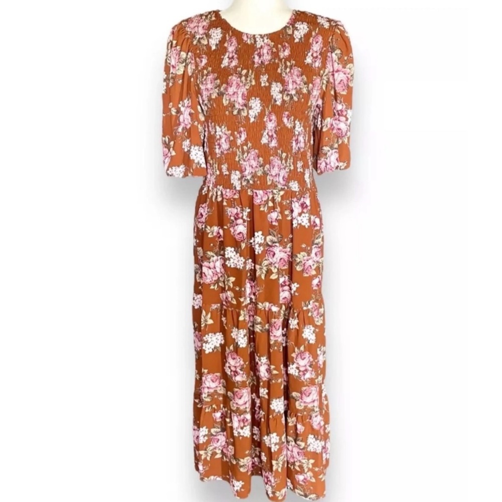 WAYF Rust Floral Smocked Dress